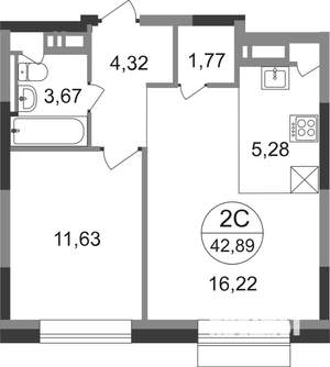 2-к квартира, строящийся дом, 43м2, 21/22 этаж