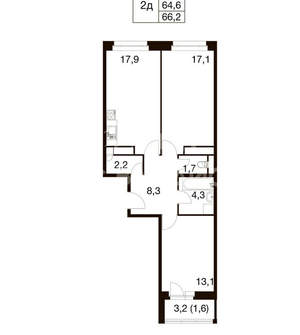 2-к квартира, сданный дом, 66м2, 9/17 этаж