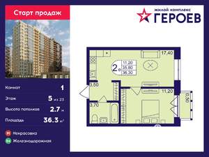 1-к квартира, вторичка, 36м2, 5/23 этаж