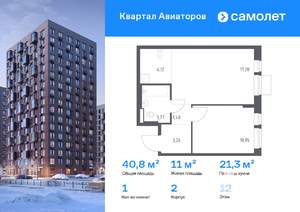 1-к квартира, вторичка, 41м2, 12/17 этаж