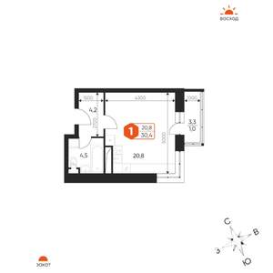1-к квартира, строящийся дом, 30м2, 10/17 этаж