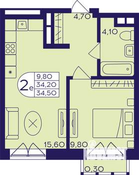 2-к квартира, строящийся дом, 35м2, 4/22 этаж