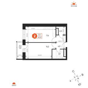2-к квартира, вторичка, 46м2, 13/17 этаж