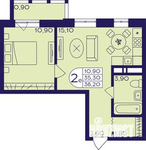 2-к квартира, строящийся дом, 36м2, 9/22 этаж