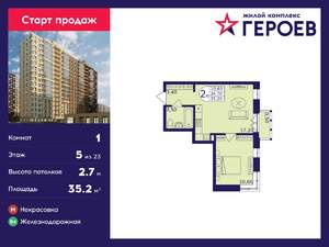 1-к квартира, вторичка, 35м2, 5/23 этаж
