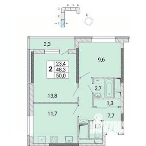2-к квартира, сданный дом, 50м2, 17/17 этаж