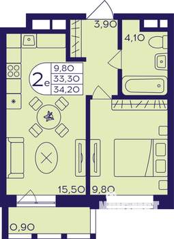 2-к квартира, строящийся дом, 34м2, 7/22 этаж