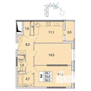 2-к квартира, строящийся дом, 57м2, 14/17 этаж