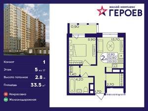1-к квартира, вторичка, 34м2, 5/17 этаж