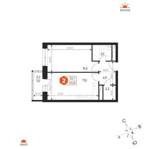 2-к квартира, строящийся дом, 46м2, 7/17 этаж