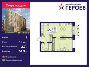 1-к квартира, вторичка, 36м2, 18/23 этаж