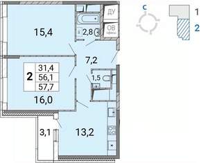 2-к квартира, сданный дом, 58м2, 12/17 этаж