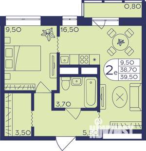 2-к квартира, строящийся дом, 40м2, 13/17 этаж
