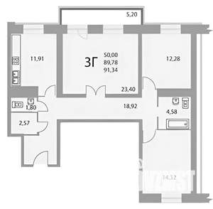 3-к квартира, вторичка, 92м2, 14/23 этаж