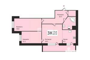 3-к квартира, вторичка, 74м2, 9/17 этаж
