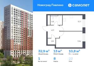1-к квартира, вторичка, 33м2, 22/22 этаж
