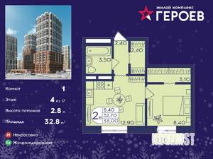 1-к квартира, вторичка, 33м2, 4/17 этаж