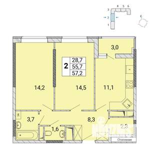 2-к квартира, строящийся дом, 57м2, 8/17 этаж