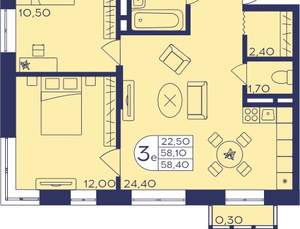 2-к квартира, вторичка, 58м2, 6/23 этаж