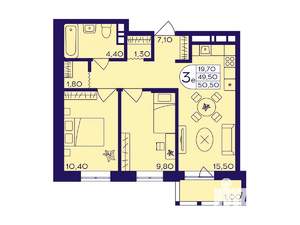 2-к квартира, вторичка, 51м2, 10/17 этаж