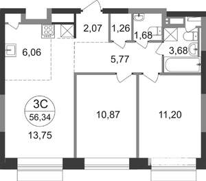 3-к квартира, строящийся дом, 56м2, 20/22 этаж