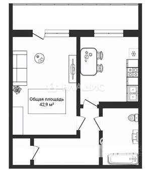 1-к квартира, вторичка, 43м2, 6/7 этаж
