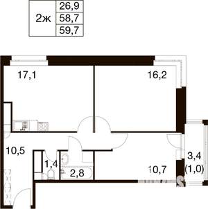 2-к квартира, вторичка, 60м2, 17/18 этаж