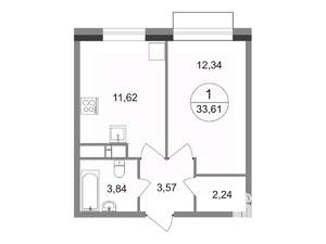 1-к квартира, строящийся дом, 34м2, 19/22 этаж