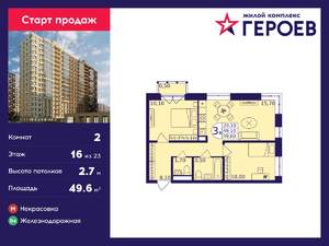 2-к квартира, вторичка, 50м2, 16/23 этаж
