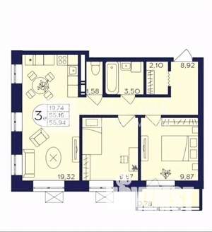 2-к квартира, вторичка, 51м2, 6/17 этаж