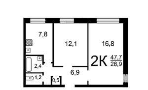 2-к квартира, вторичка, 48м2, 2/12 этаж