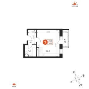 1-к квартира, строящийся дом, 30м2, 13/17 этаж