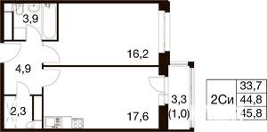 1-к квартира, вторичка, 46м2, 14/18 этаж