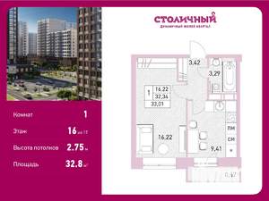 1-к квартира, вторичка, 33м2, 16/17 этаж