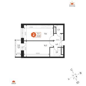 2-к квартира, строящийся дом, 46м2, 4/17 этаж