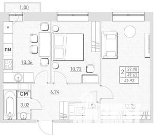 2-к квартира, вторичка, 50м2, 2/7 этаж