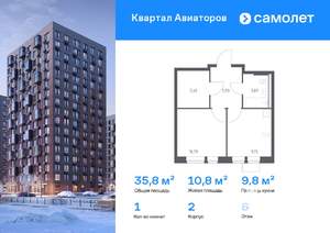 1-к квартира, вторичка, 36м2, 6/12 этаж