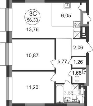 3-к квартира, строящийся дом, 56м2, 17/22 этаж