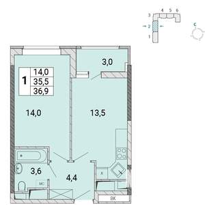 1-к квартира, сданный дом, 37м2, 16/17 этаж