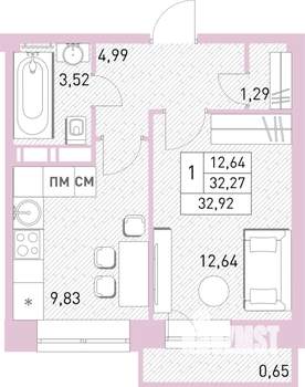 1-к квартира, строящийся дом, 33м2, 11/17 этаж