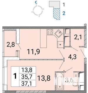 1-к квартира, строящийся дом, 37м2, 4/17 этаж