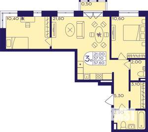 3-к квартира, строящийся дом, 58м2, 8/23 этаж