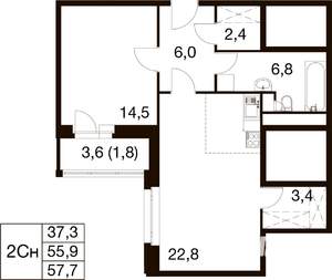 2-к квартира, вторичка, 58м2, 6/18 этаж
