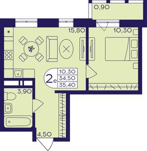 2-к квартира, строящийся дом, 35м2, 6/22 этаж