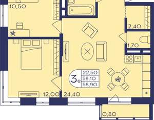 2-к квартира, вторичка, 59м2, 3/23 этаж