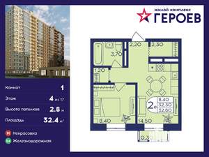 1-к квартира, вторичка, 32м2, 4/17 этаж