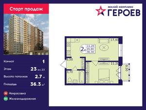 1-к квартира, вторичка, 36м2, 23/23 этаж