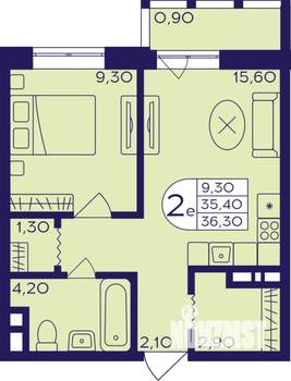 2-к квартира, строящийся дом, 36м2, 9/22 этаж