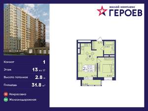 1-к квартира, вторичка, 32м2, 13/17 этаж