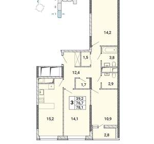 3-к квартира, сданный дом, 78м2, 14/18 этаж